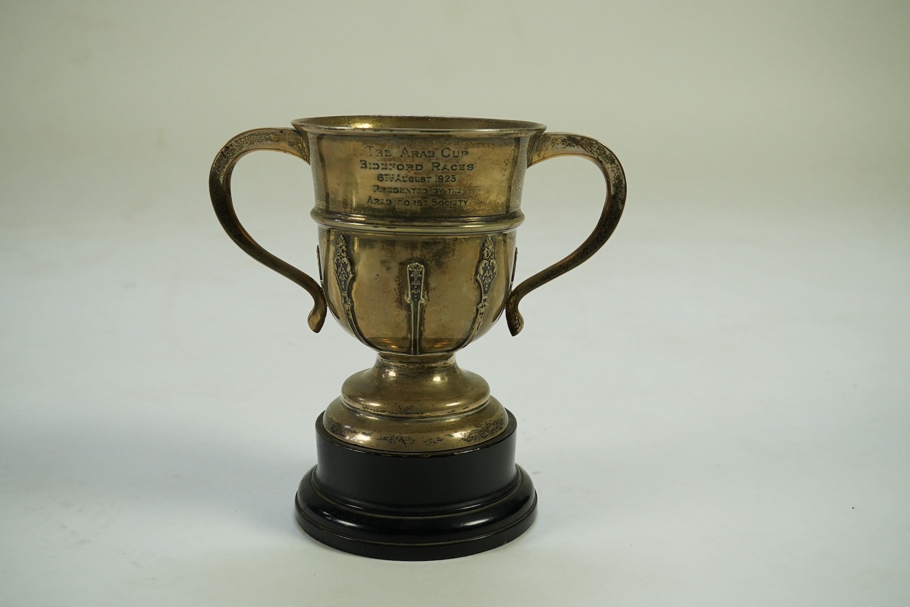 A George V silver two handled presentation trophy cup by The Goldsmiths & Silversmiths Co Ltd, with engraved horse racing inscription relating to 'The Arab Cup Bideford Races'